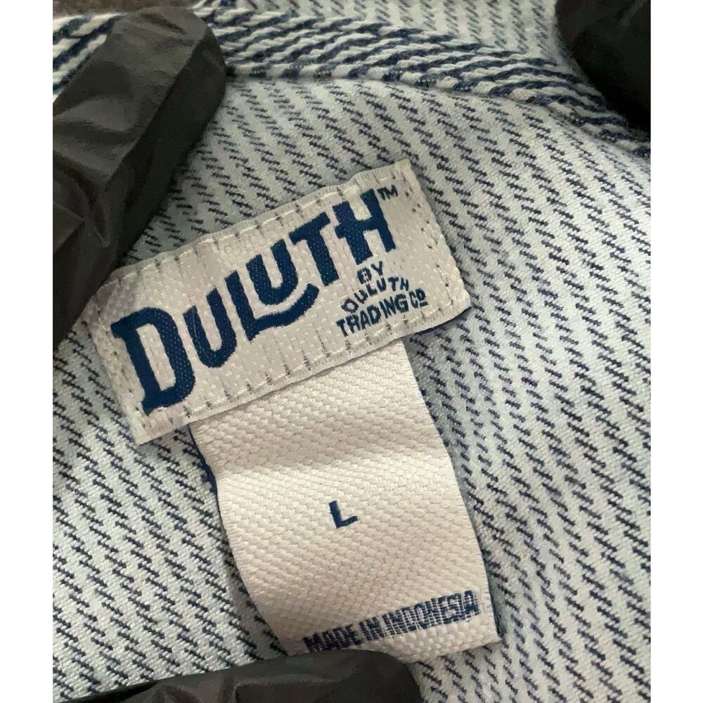 Duluth Trading Heirloom Railroad Striped Bib Shorts Overalls Sz L discontinued - Picture 6 of 7